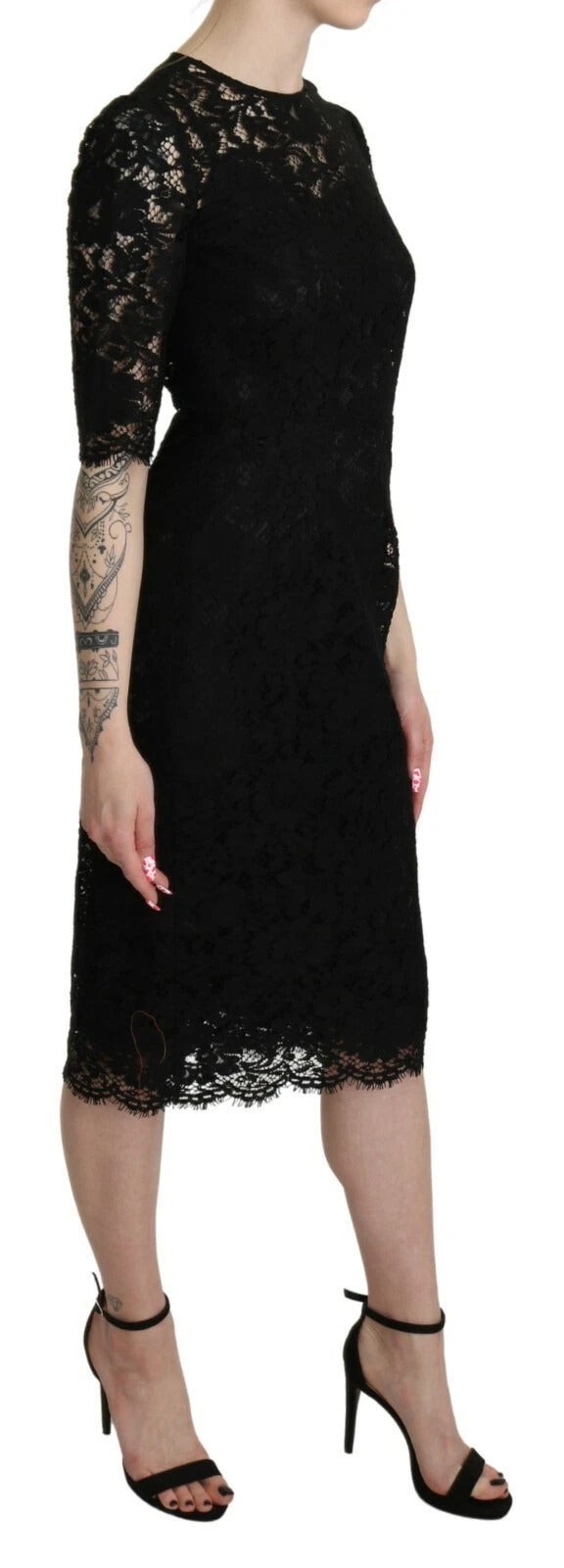 Dolce & Gabbana – Schwarzes Etuikleid mit Blumenspitze und Knielänge