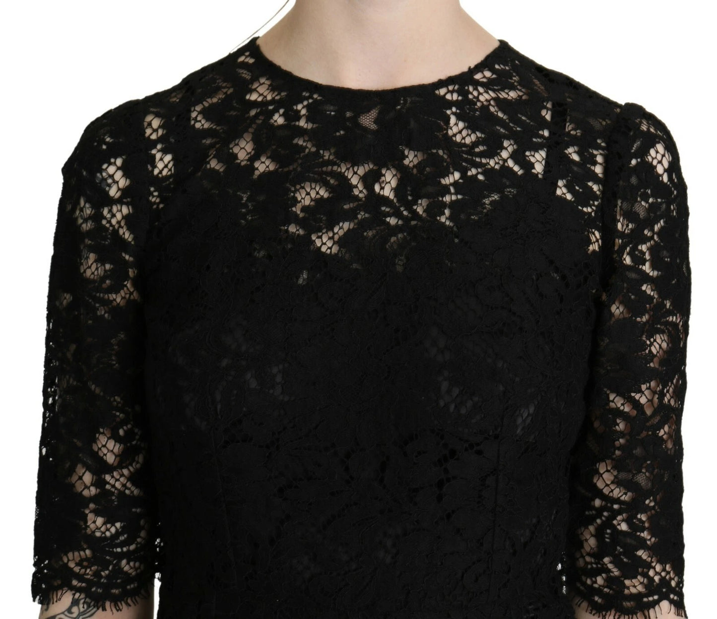 Dolce & Gabbana – Schwarzes Etuikleid mit Blumenspitze und Knielänge