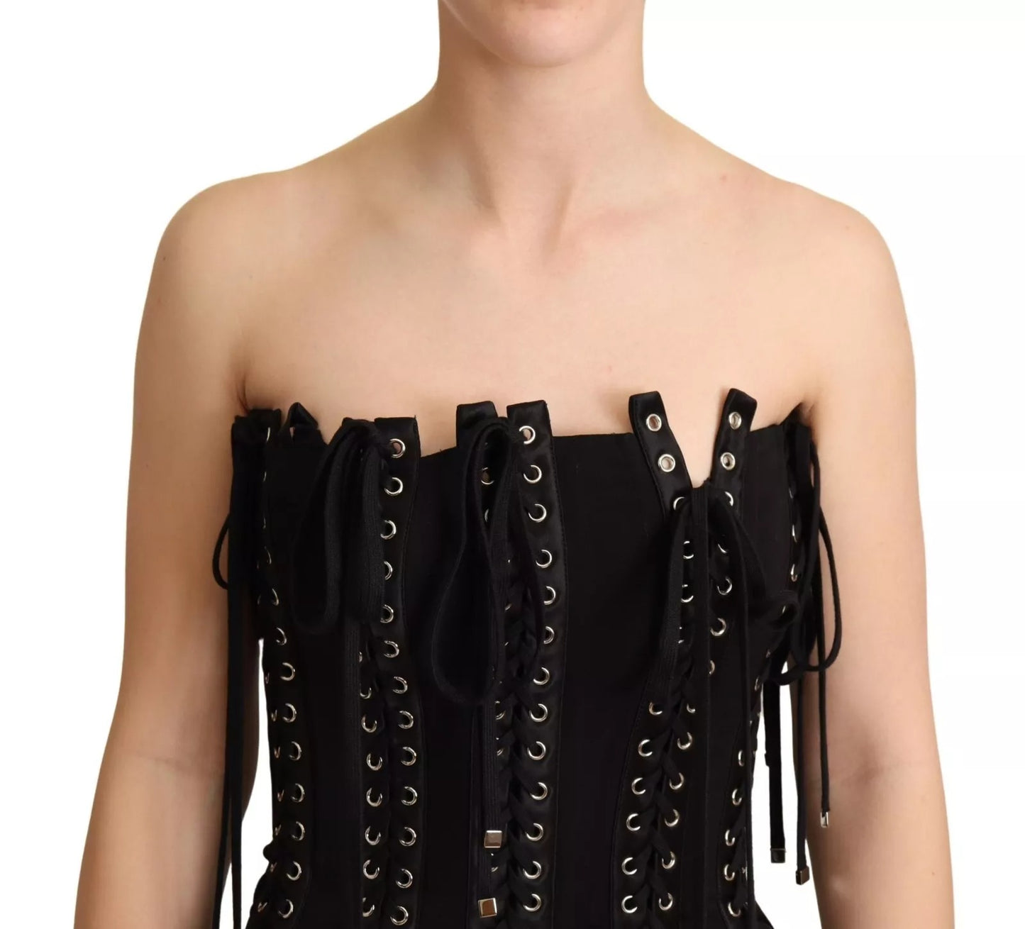 Dolce & Gabbana – Ärmelloses, figurbetontes Kleid aus Cady in Schwarz mit Schnürung
