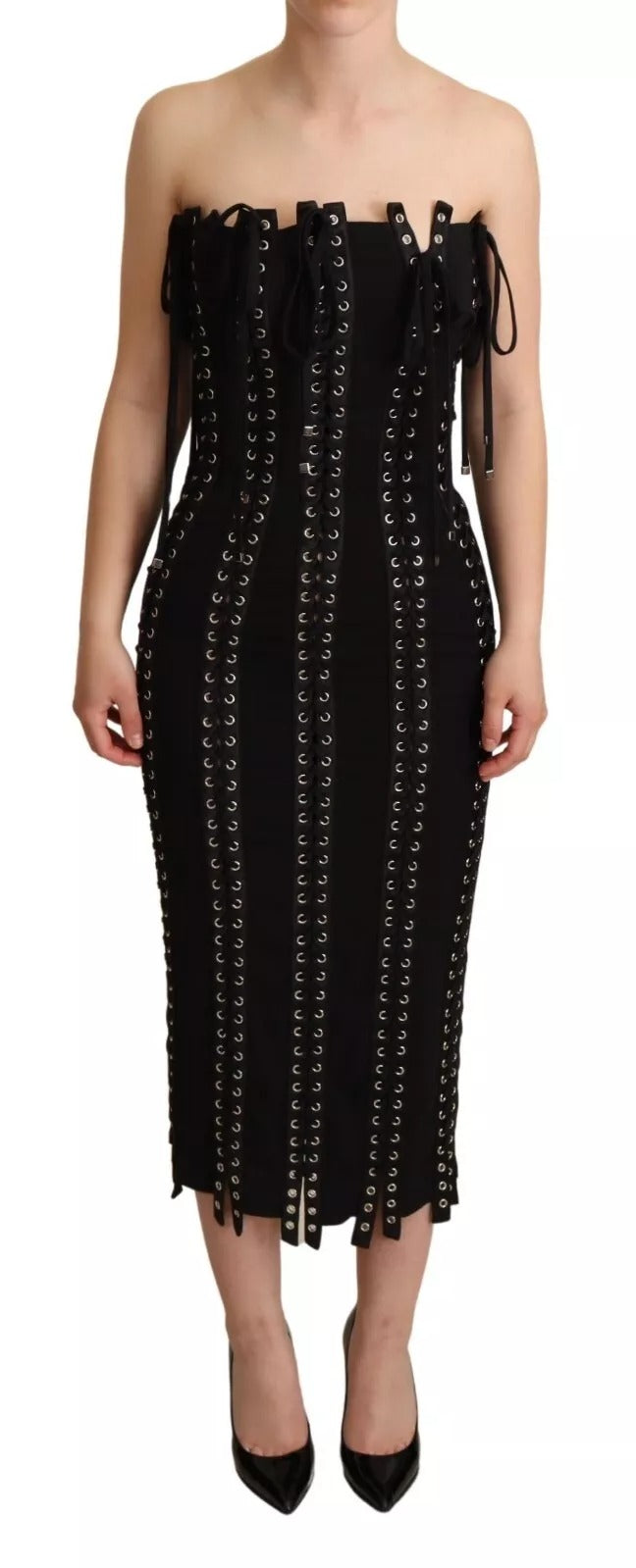 Dolce & Gabbana – Ärmelloses, figurbetontes Kleid aus Cady in Schwarz mit Schnürung