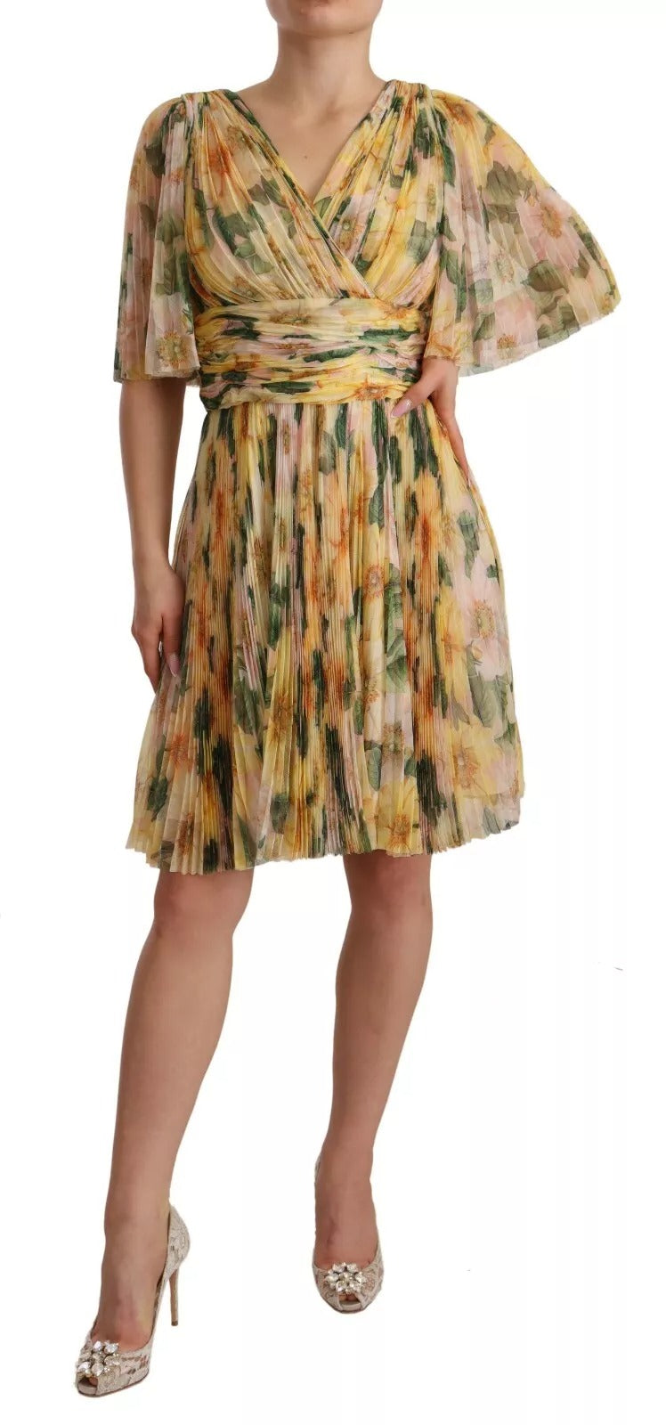 Dolce & Gabbana – Gelbes, plissiertes Maxikleid mit Blumendruck