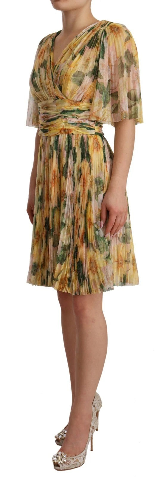 Dolce & Gabbana – Gelbes, plissiertes Maxikleid mit Blumendruck