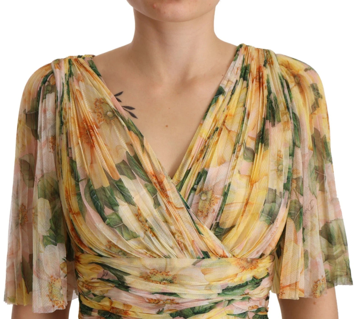 Dolce & Gabbana – Gelbes, plissiertes Maxikleid mit Blumendruck