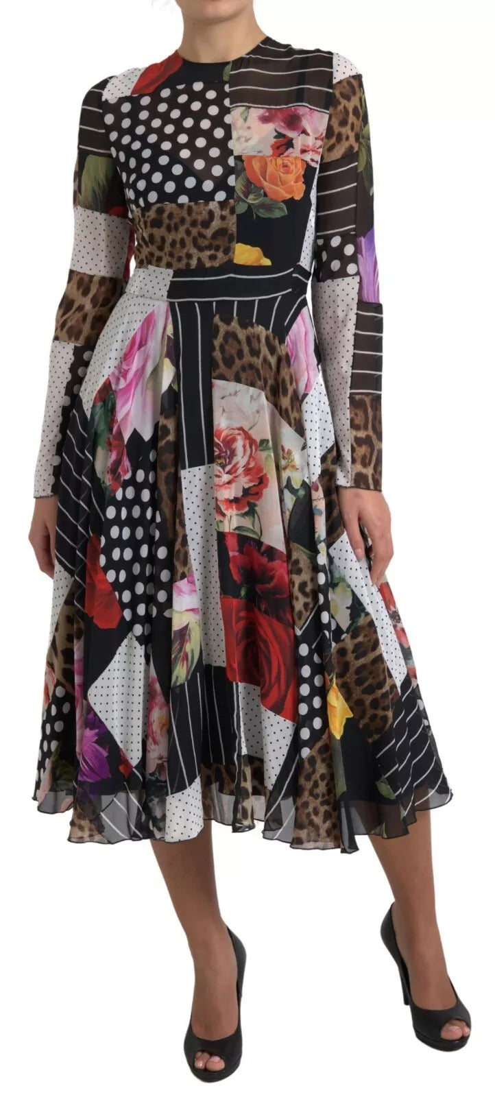 Dolce & Gabbana Mehrfarbiges Patchwork-Kleid mit Blumen- und Leopardenmuster