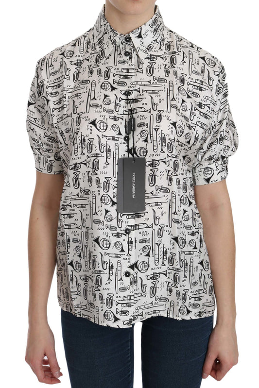 Dolce &amp; Gabbana White Musical Instrument Collared Blouse Shirt