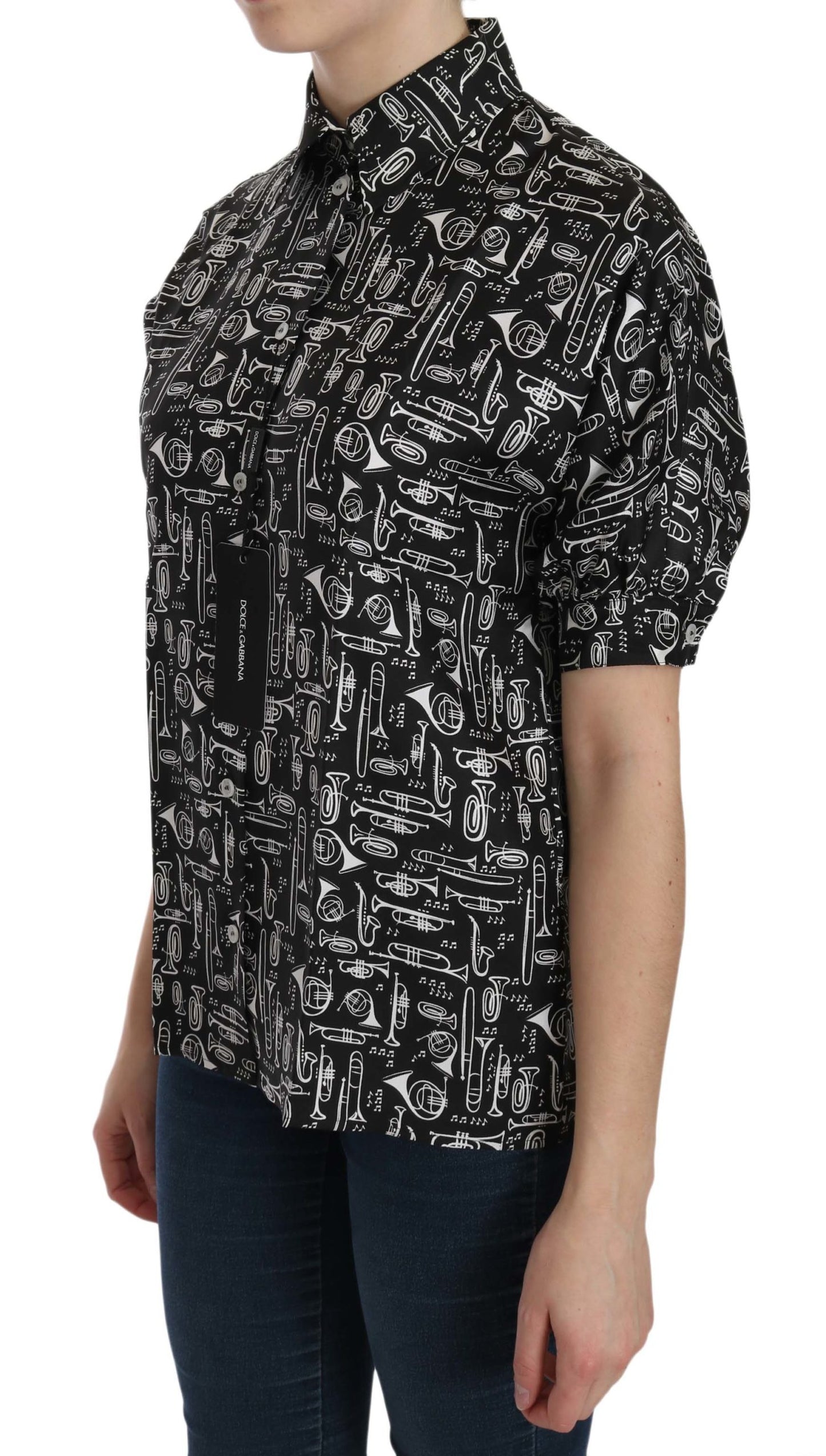 Dolce &amp; Gabbana Black Musical Instrument Collared Blouse Shirt