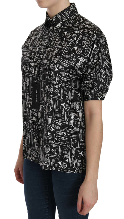 Dolce &amp; Gabbana Black Musical Instrument Collared Blouse Shirt