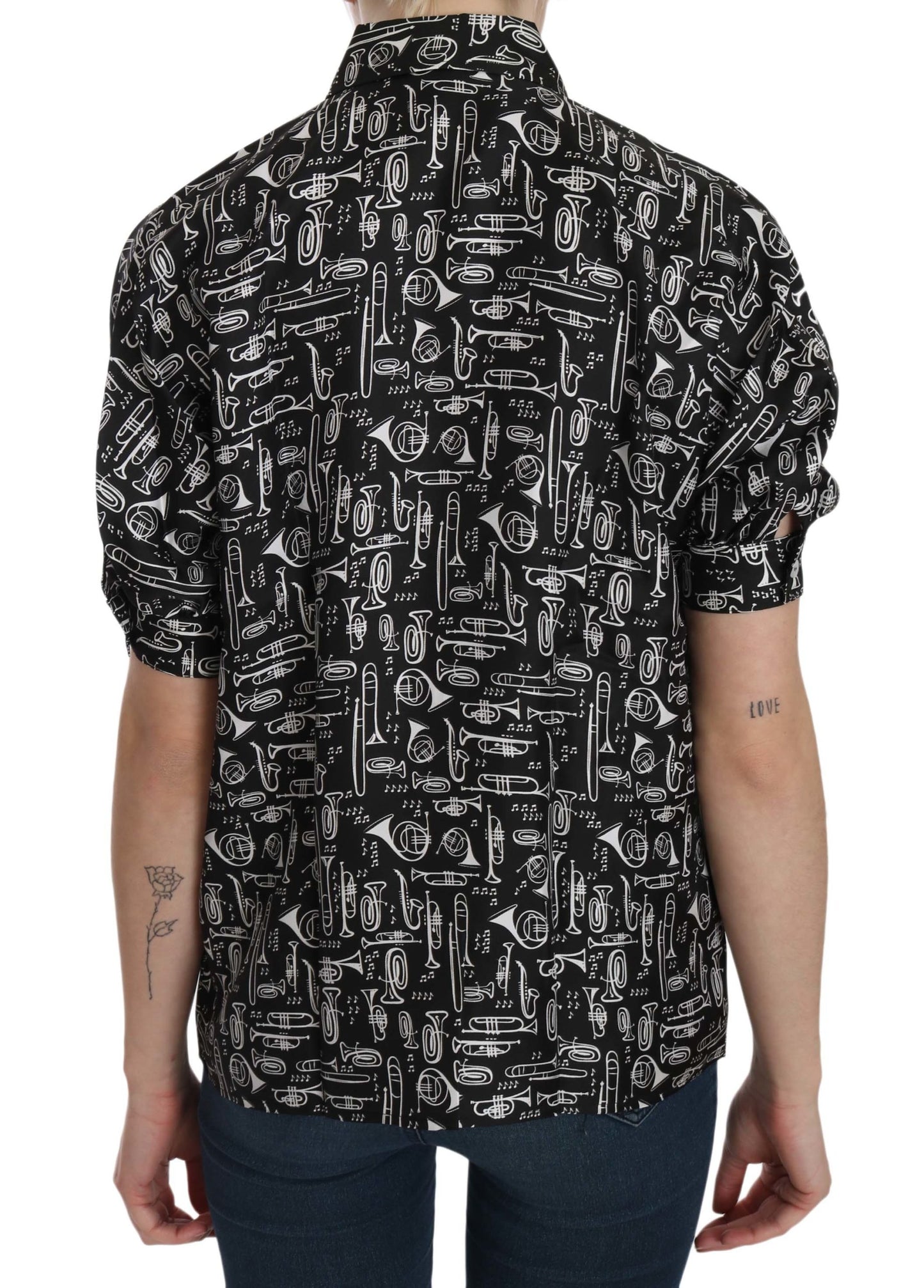 Dolce &amp; Gabbana Black Musical Instrument Collared Blouse Shirt