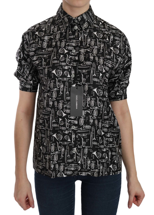 Dolce &amp; Gabbana Black Musical Instrument Collared Blouse Shirt