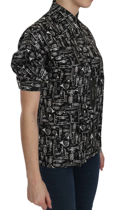 Dolce &amp; Gabbana Black Musical Instrument Collared Blouse Shirt
