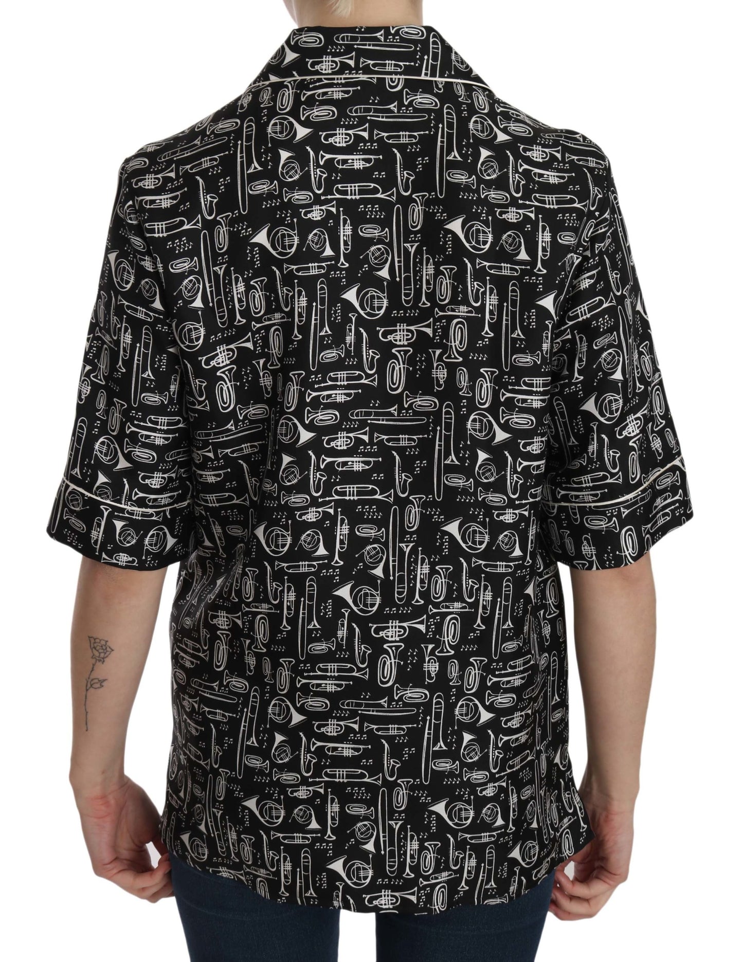 Dolce &amp; Gabbana Black Musical Instrument Print Silk Top