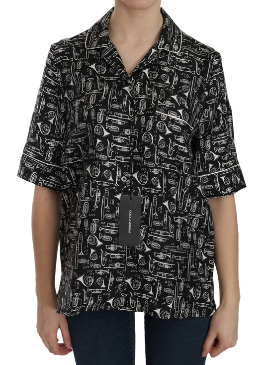Dolce &amp; Gabbana Black Musical Instrument Print Silk Top
