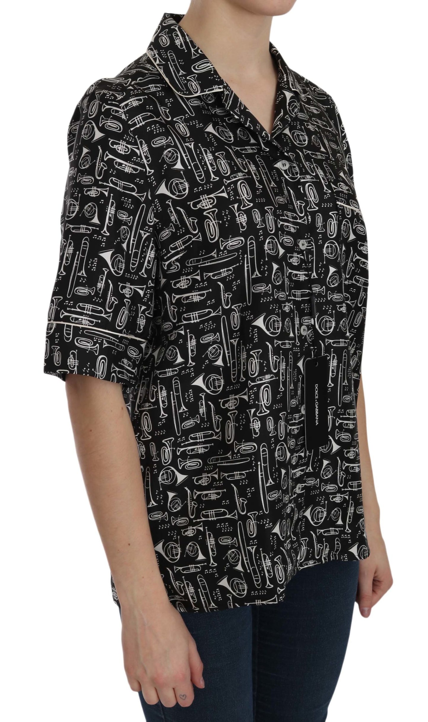 Dolce &amp; Gabbana Black Musical Instrument Print Silk Top