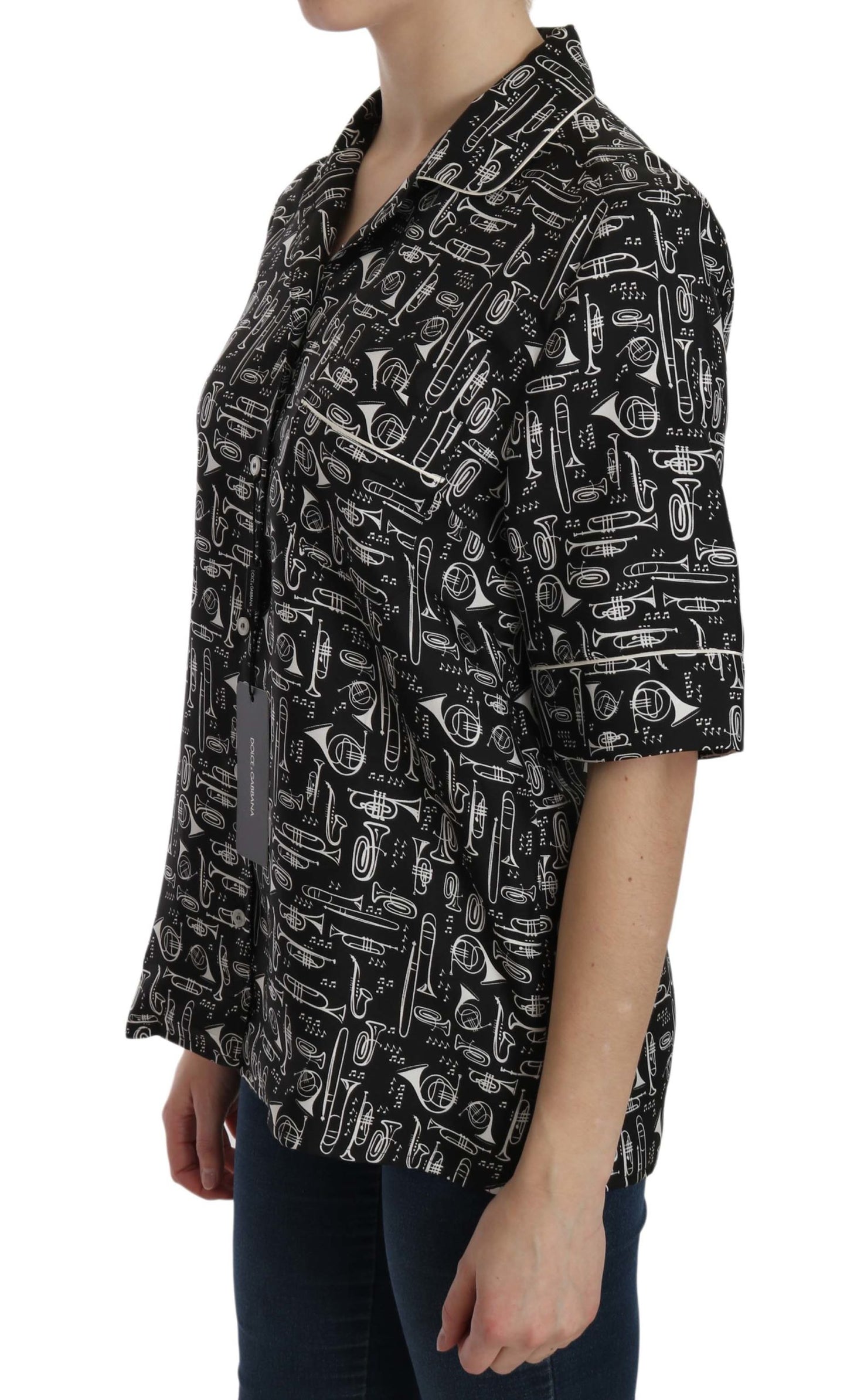 Dolce &amp; Gabbana Black Musical Instrument Print Silk Top