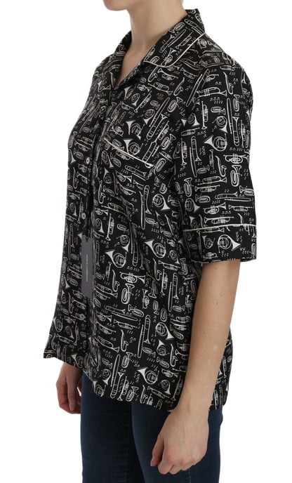 Dolce &amp; Gabbana Black Musical Instrument Print Silk Top