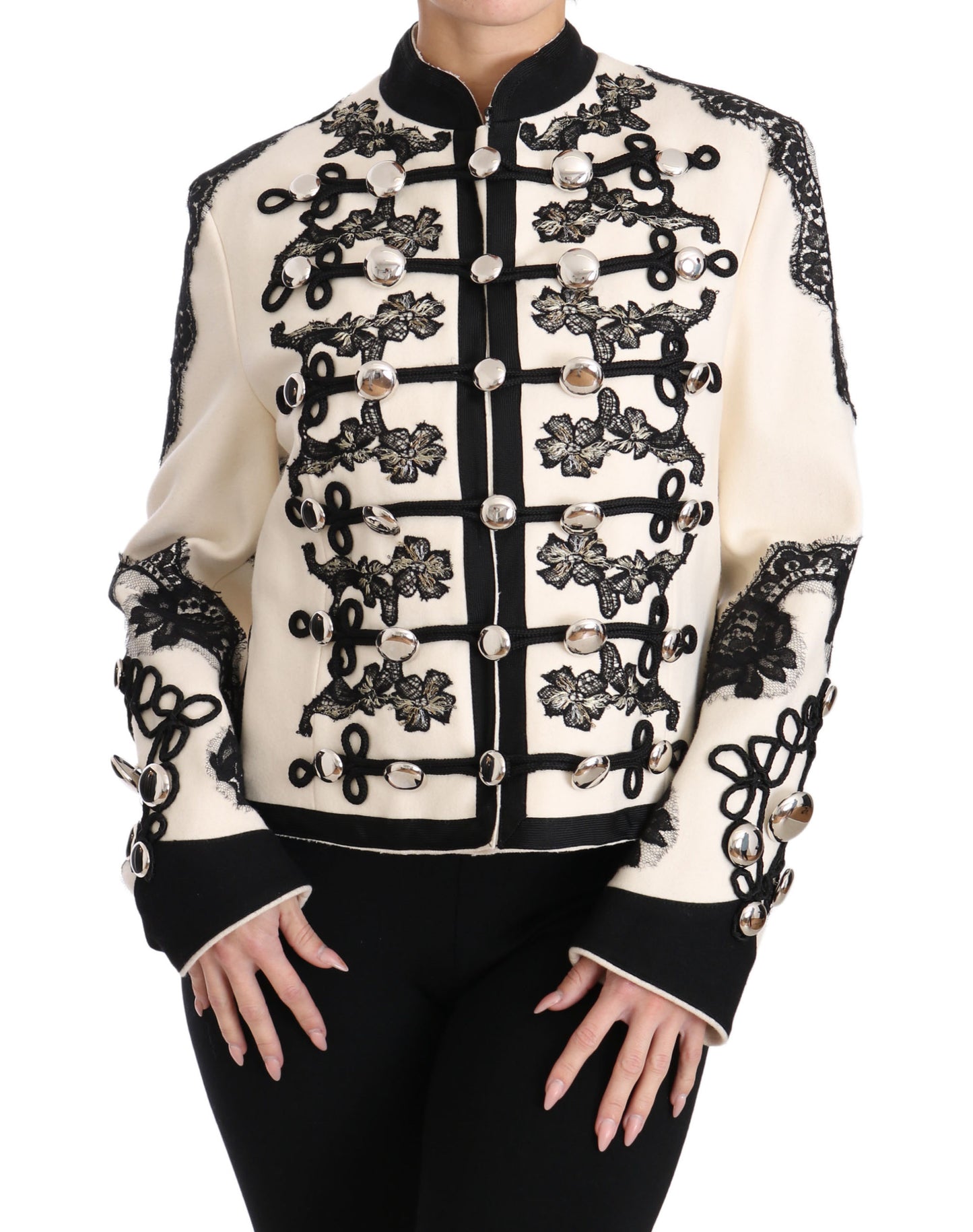 Dolce &amp; Gabbana – Weiße, schwarze Jacke aus Wolle mit Blumenmuster im Barockstil