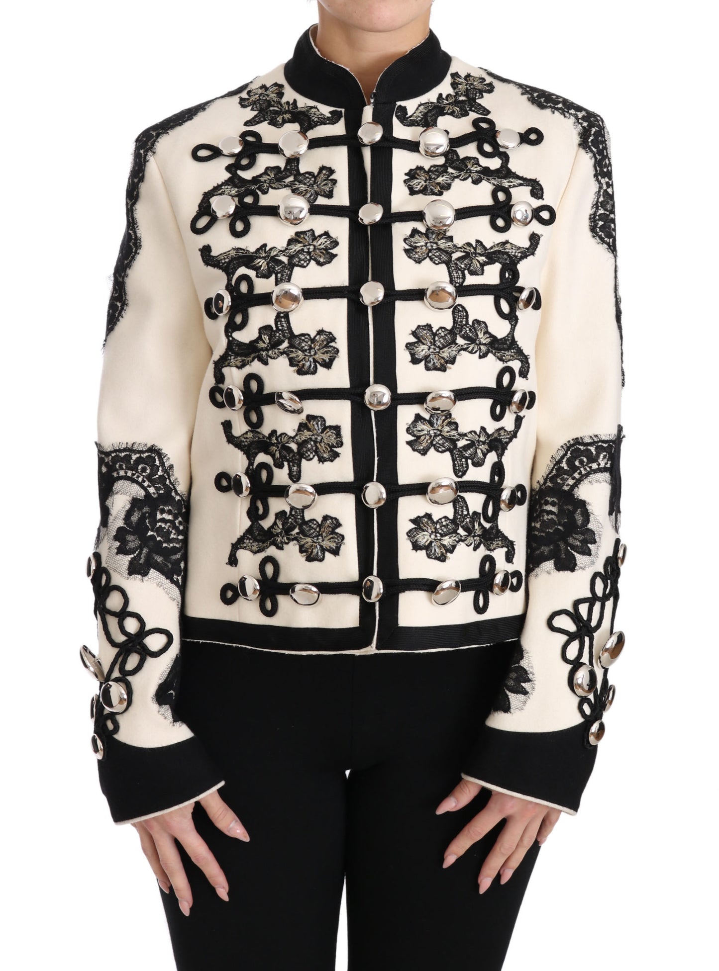 Dolce &amp; Gabbana – Weiße, schwarze Jacke aus Wolle mit Blumenmuster im Barockstil