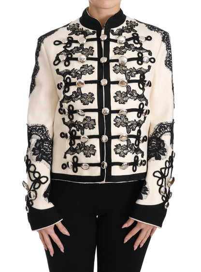 Dolce &amp; Gabbana – Weiße, schwarze Jacke aus Wolle mit Blumenmuster im Barockstil