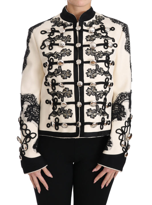 Dolce &amp; Gabbana – Weiße, schwarze Jacke aus Wolle mit Blumenmuster im Barockstil