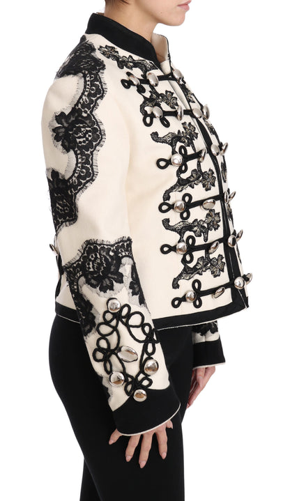 Dolce &amp; Gabbana – Weiße, schwarze Jacke aus Wolle mit Blumenmuster im Barockstil