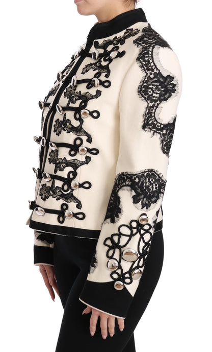 Dolce &amp; Gabbana – Weiße, schwarze Jacke aus Wolle mit Blumenmuster im Barockstil
