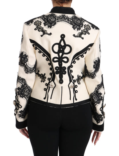 Dolce &amp; Gabbana – Weiße, schwarze Jacke aus Wolle mit Blumenmuster im Barockstil