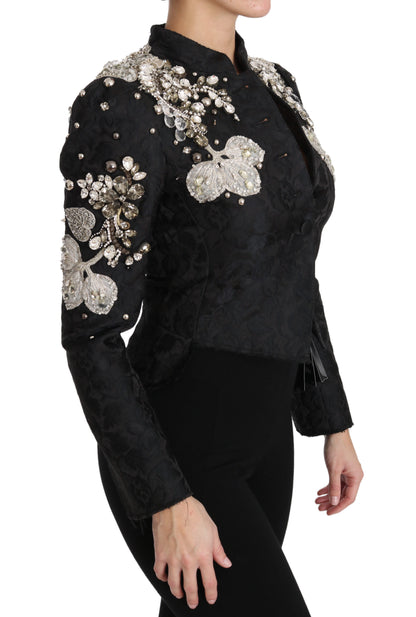 Dolce &amp; Gabbana Schwarze Jacquard-Jacke mit Kristallblumenmuster
