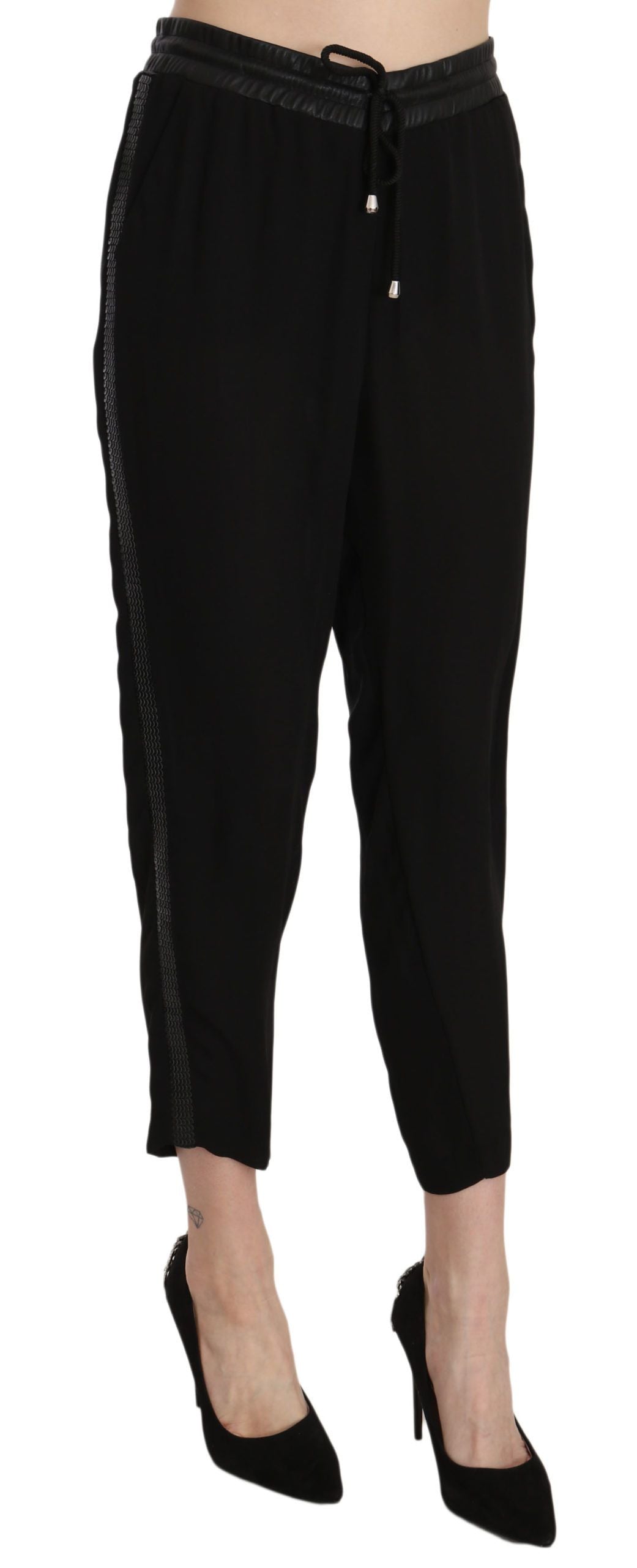 Guess – Schwarze, knöchellange Polyesterhose mit hoher Taille