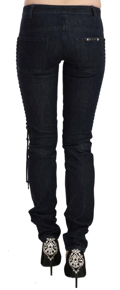Just Cavalli – Enge Hose mit niedriger Taille und geflochtenen String-Hosen in Blau