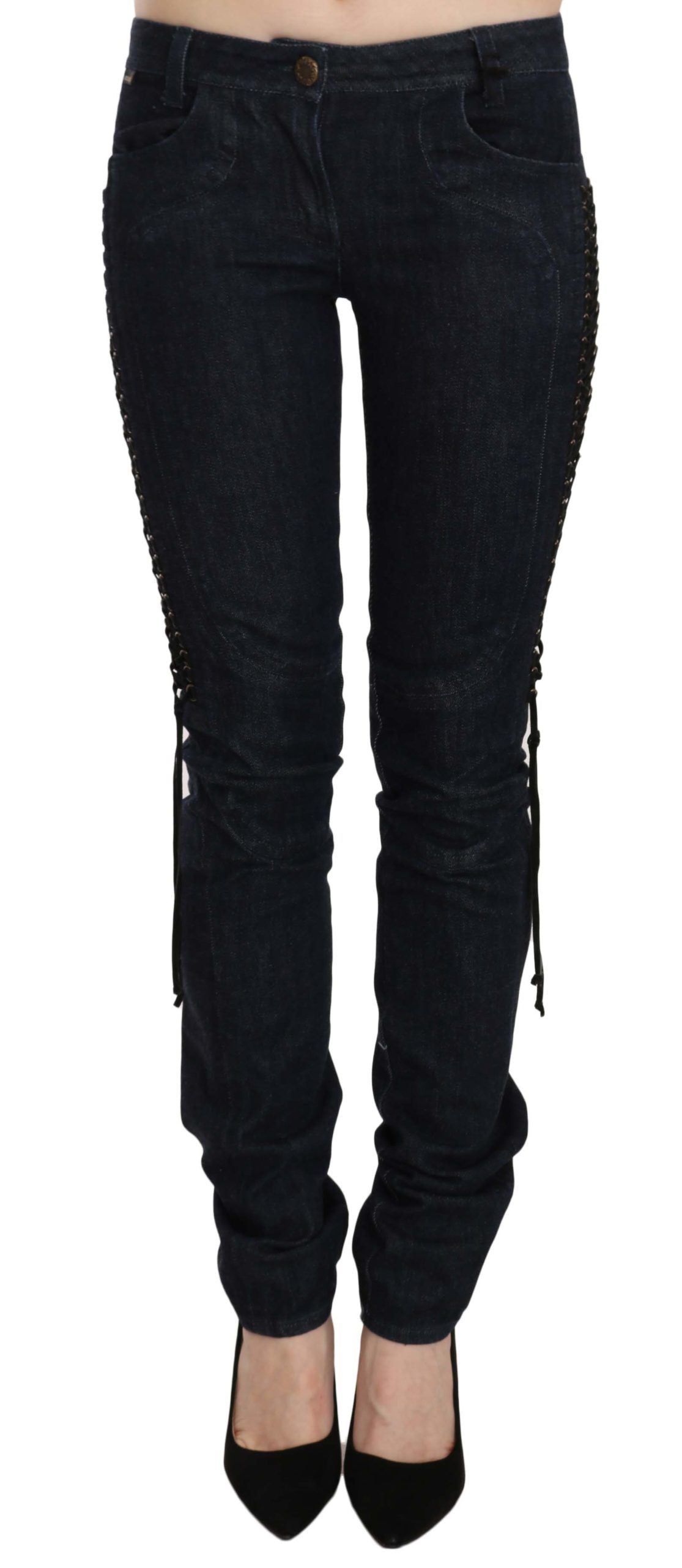 Just Cavalli – Enge Hose mit niedriger Taille und geflochtenen String-Hosen in Blau