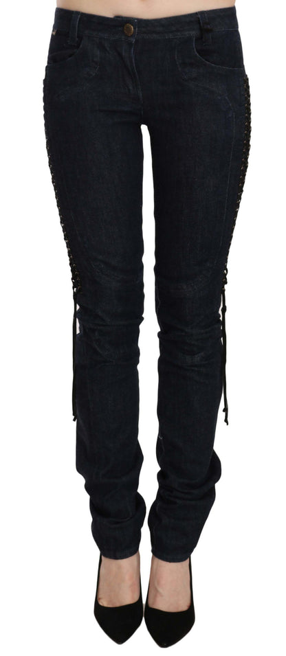 Just Cavalli – Enge Hose mit niedriger Taille und geflochtenen String-Hosen in Blau
