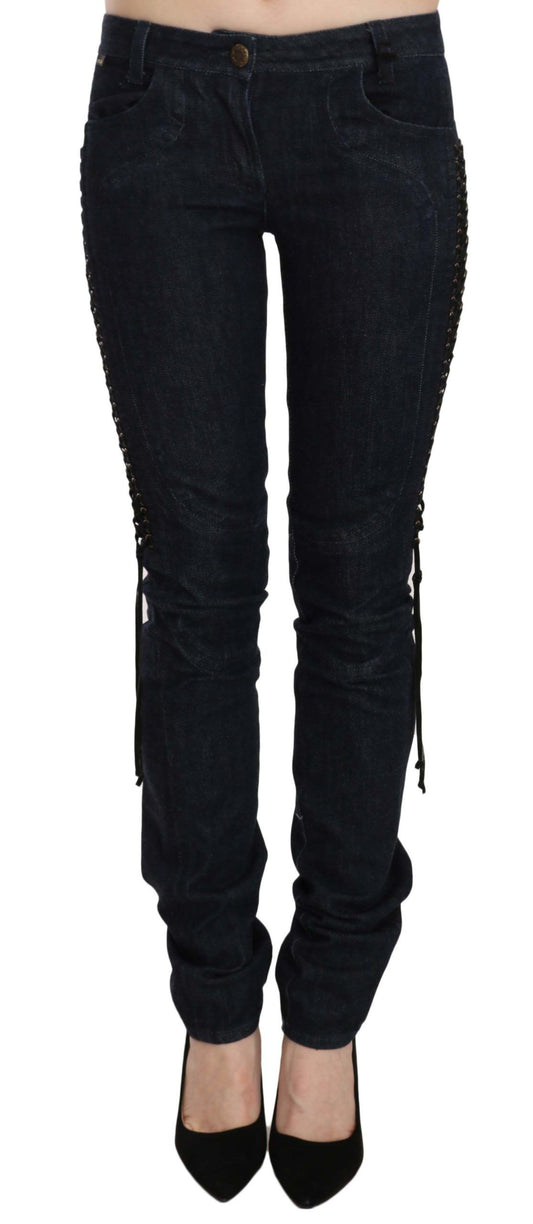 Just Cavalli – Enge Hose mit niedriger Taille und geflochtenen String-Hosen in Blau