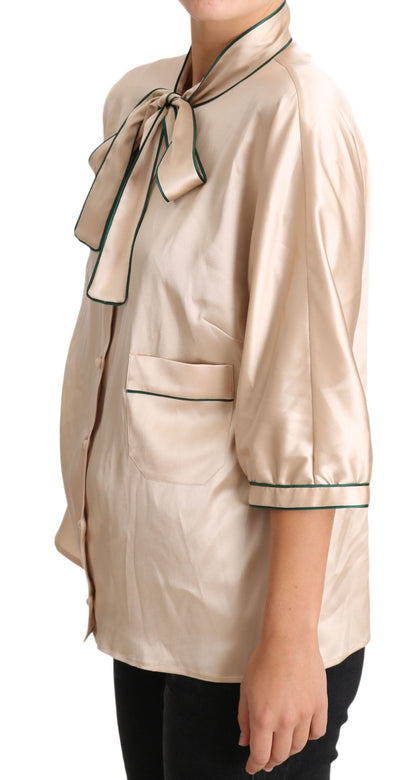 Dolce &amp; Gabbana Beige Seiden-Stretch-Bluse mit Schleife
