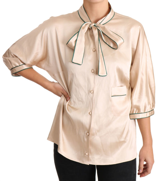 Dolce &amp; Gabbana Beige Seiden-Stretch-Bluse mit Schleife