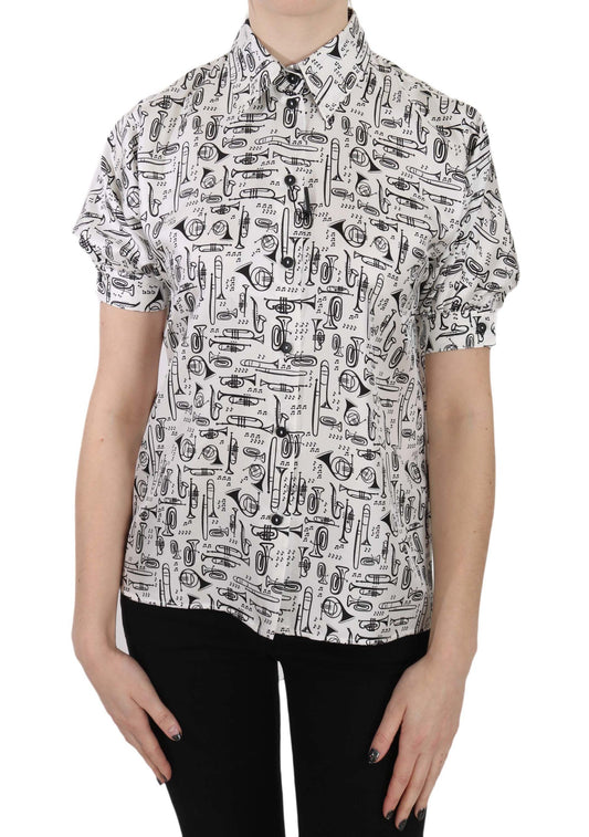 Dolce &amp; Gabbana – Seidenbluse mit Trompetendruck und Knopfleiste vorne
