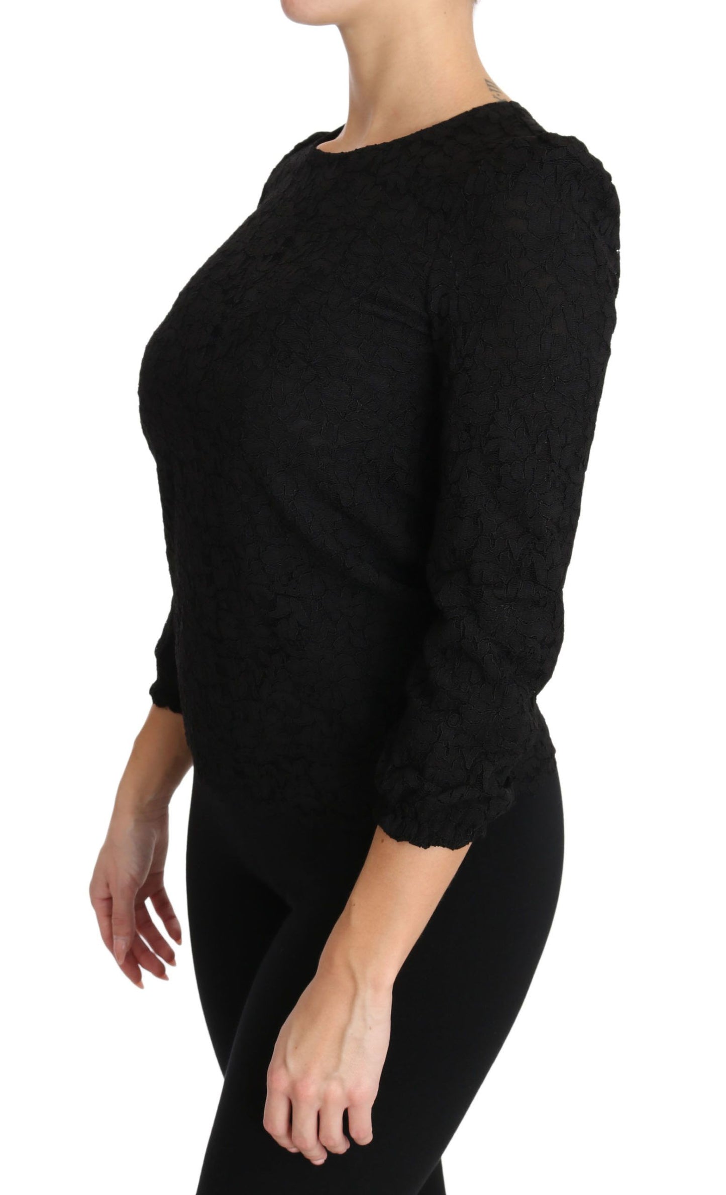 Dolce &amp; Gabbana – Schwarze Bluse mit Reißverschluss und Blumenspitze