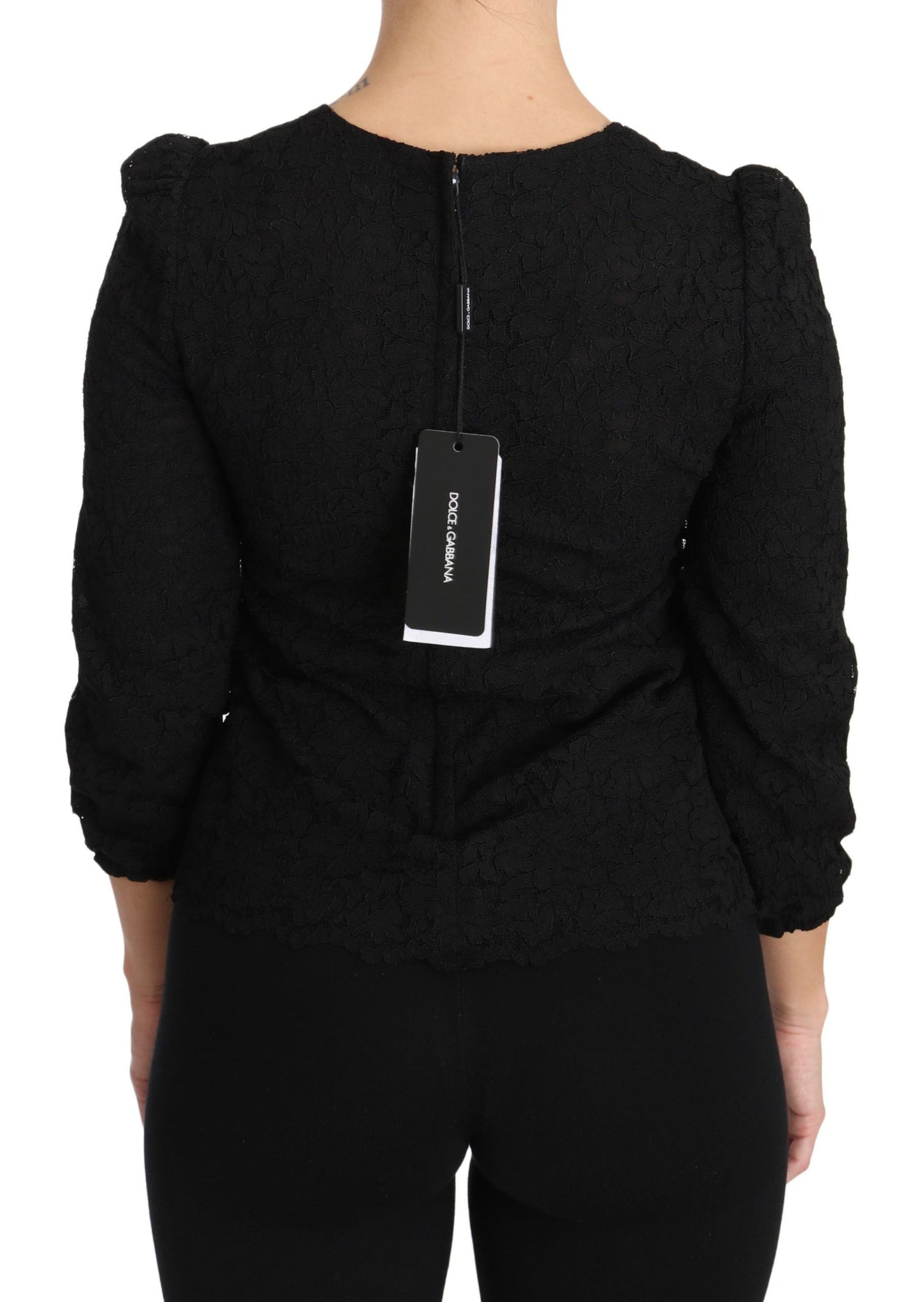 Dolce &amp; Gabbana – Schwarze Bluse mit Reißverschluss und Blumenspitze