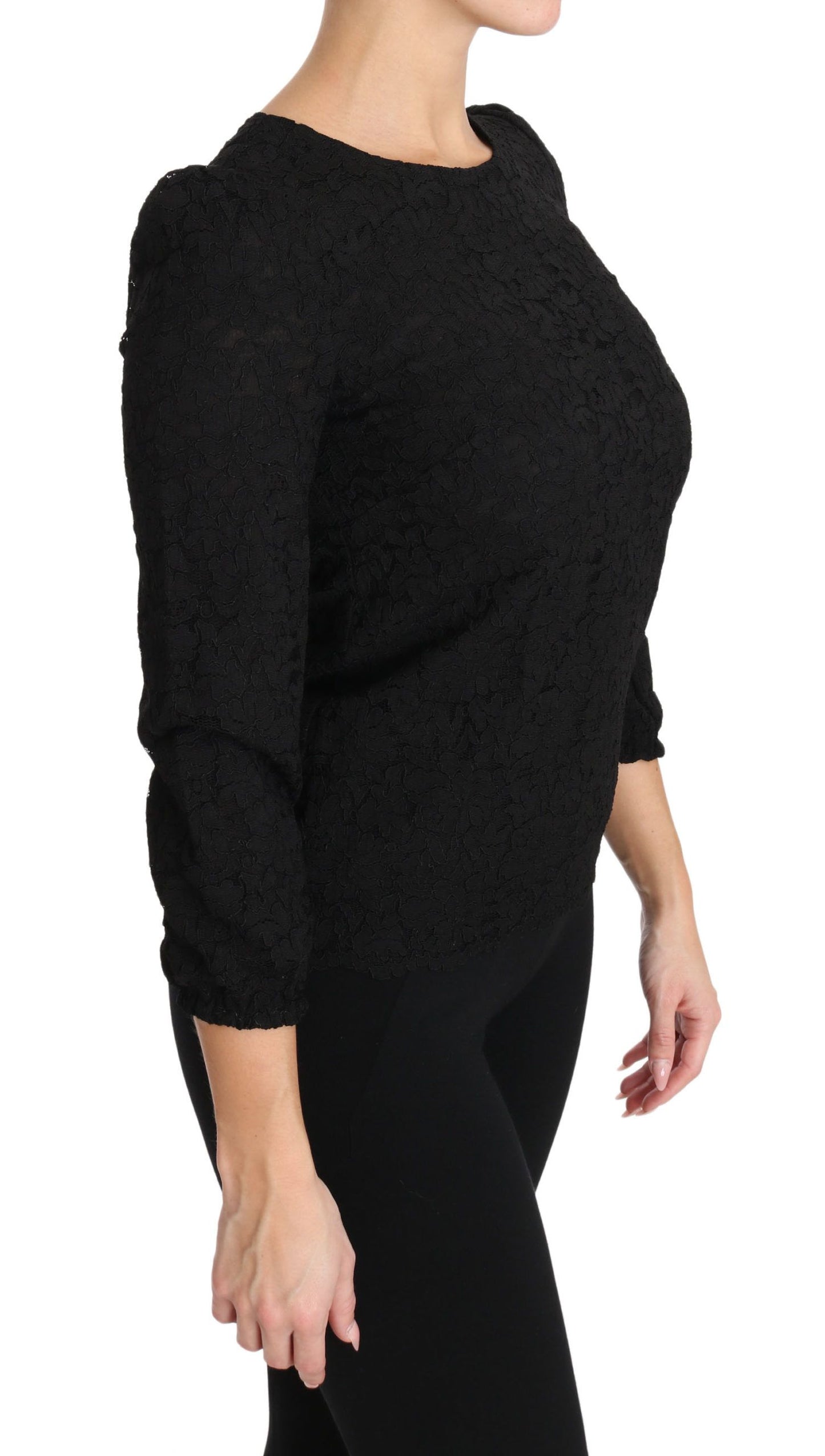 Dolce &amp; Gabbana – Schwarze Bluse mit Reißverschluss und Blumenspitze