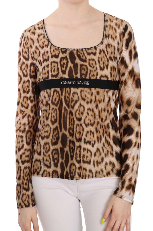 Roberto Cavalli Braune Bluse mit Rundhalsausschnitt und Leopardenmuster für Damen