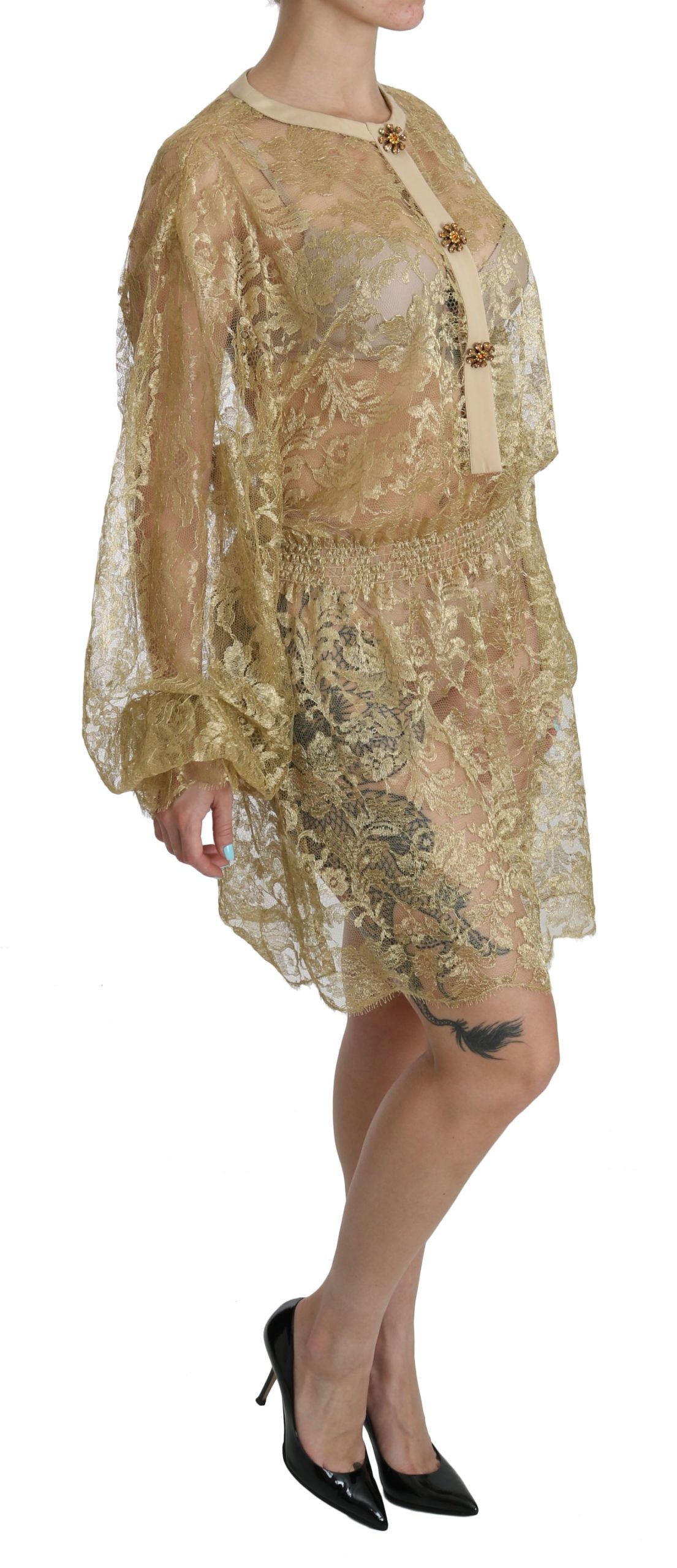 Dolce &amp; Gabbana – Durchsichtiges A-Linien-Kleid in Knielänge mit goldener Spitze