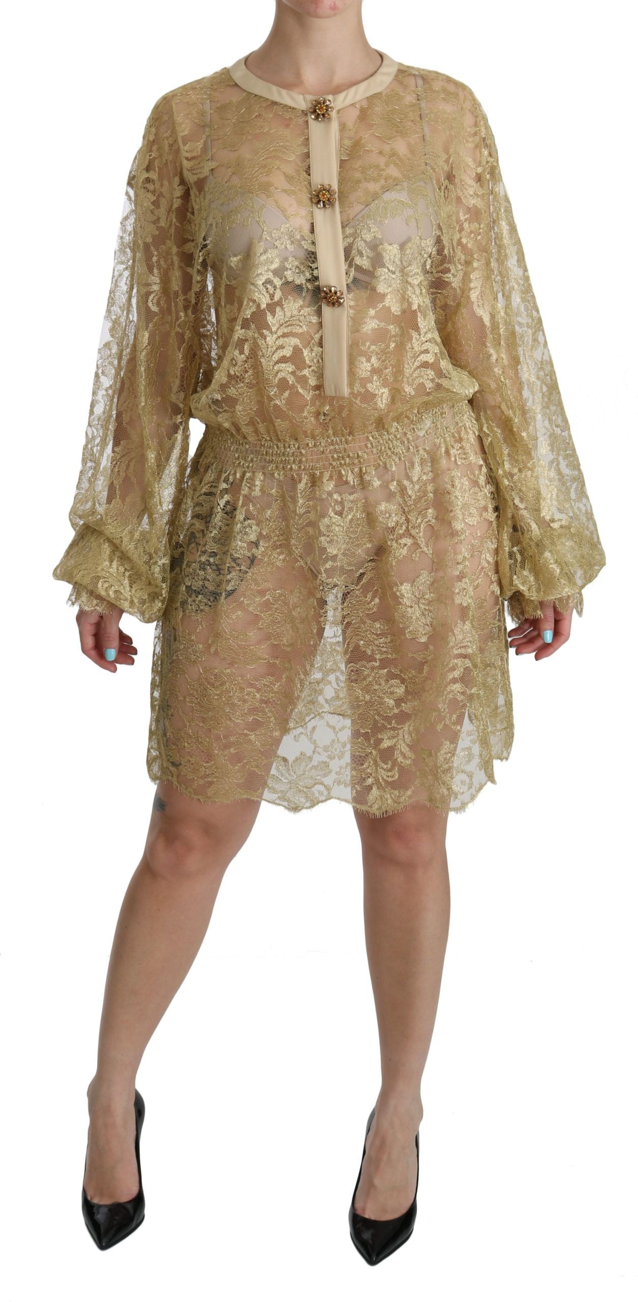 Dolce &amp; Gabbana – Durchsichtiges A-Linien-Kleid in Knielänge mit goldener Spitze