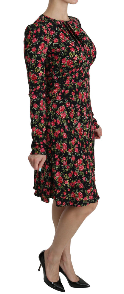 Dolce &amp; Gabbana – Schwarzes, langärmliges, knielanges Kleid mit Blumenmuster