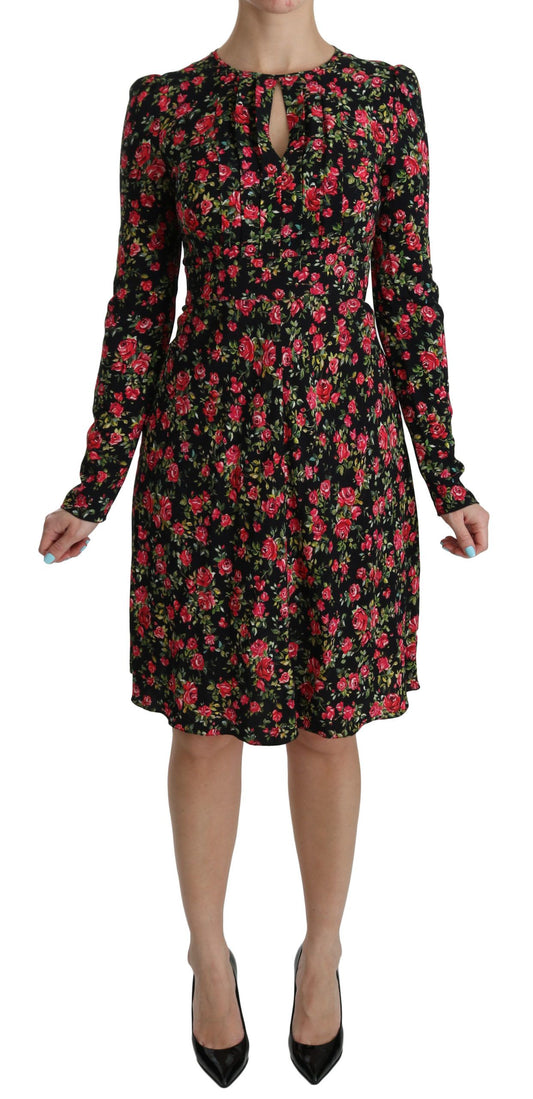 Dolce &amp; Gabbana – Schwarzes, langärmliges, knielanges Kleid mit Blumenmuster