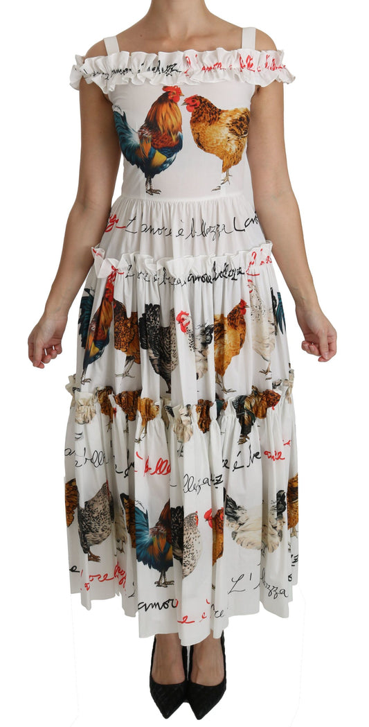 Dolce &amp; Gabbana Weißes Midi-Etuikleid aus Baumwolle mit Hahnentrittmuster