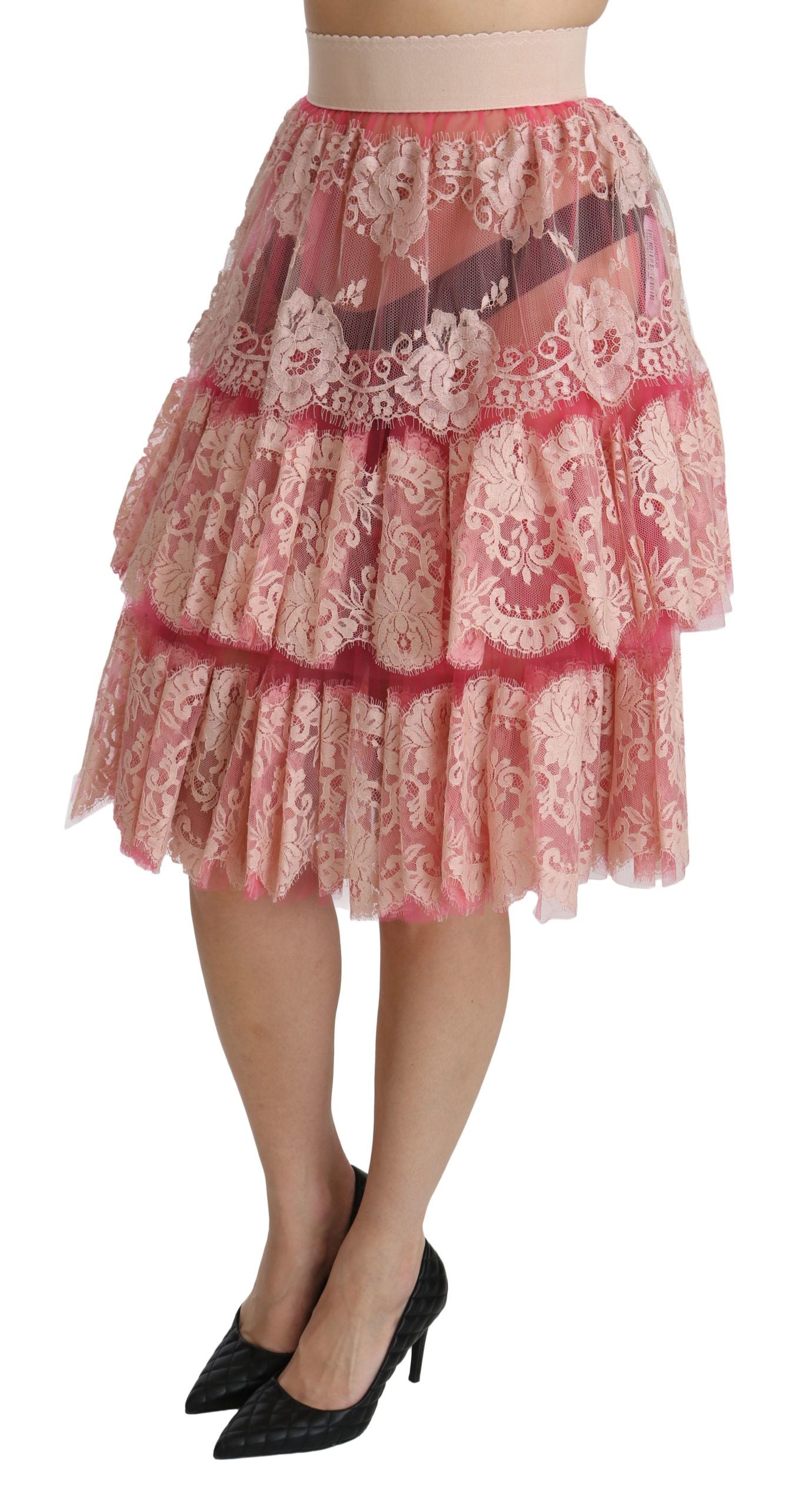 Dolce &amp; Gabbana – Knielanger Rock mit Lagenmuster und hoher Taille in Rosa