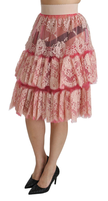 Dolce &amp; Gabbana – Knielanger Rock mit Lagenmuster und hoher Taille in Rosa