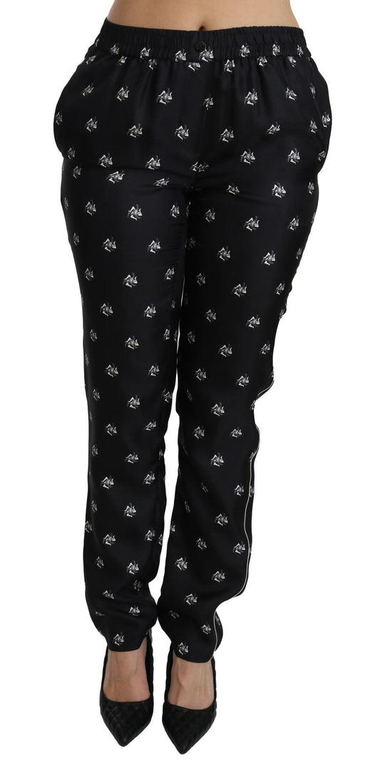Dolce &amp; Gabbana – Schwarze, bedruckte Skinny-Hose aus Seide mit mittlerer Taille