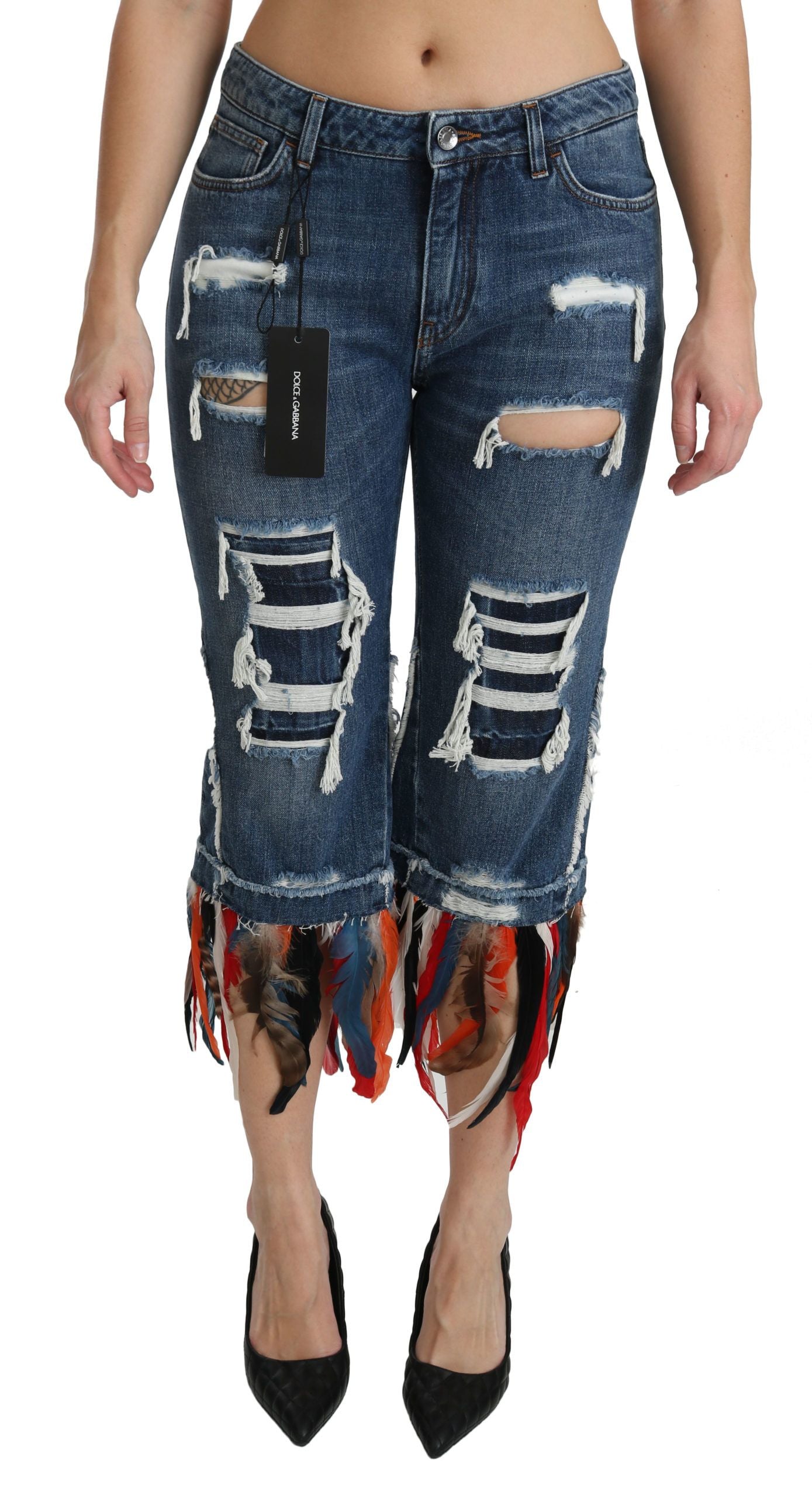 Dolce &amp; Gabbana Blaue, verkürzte Jeans aus Baumwolle mit niedriger Taille und Federn