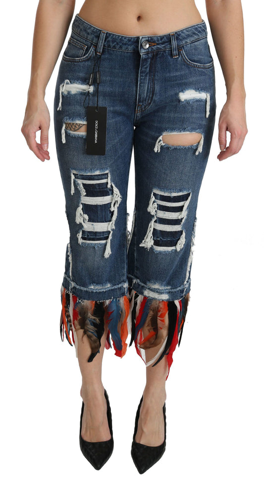 Dolce &amp; Gabbana Blaue, verkürzte Jeans aus Baumwolle mit niedriger Taille und Federn
