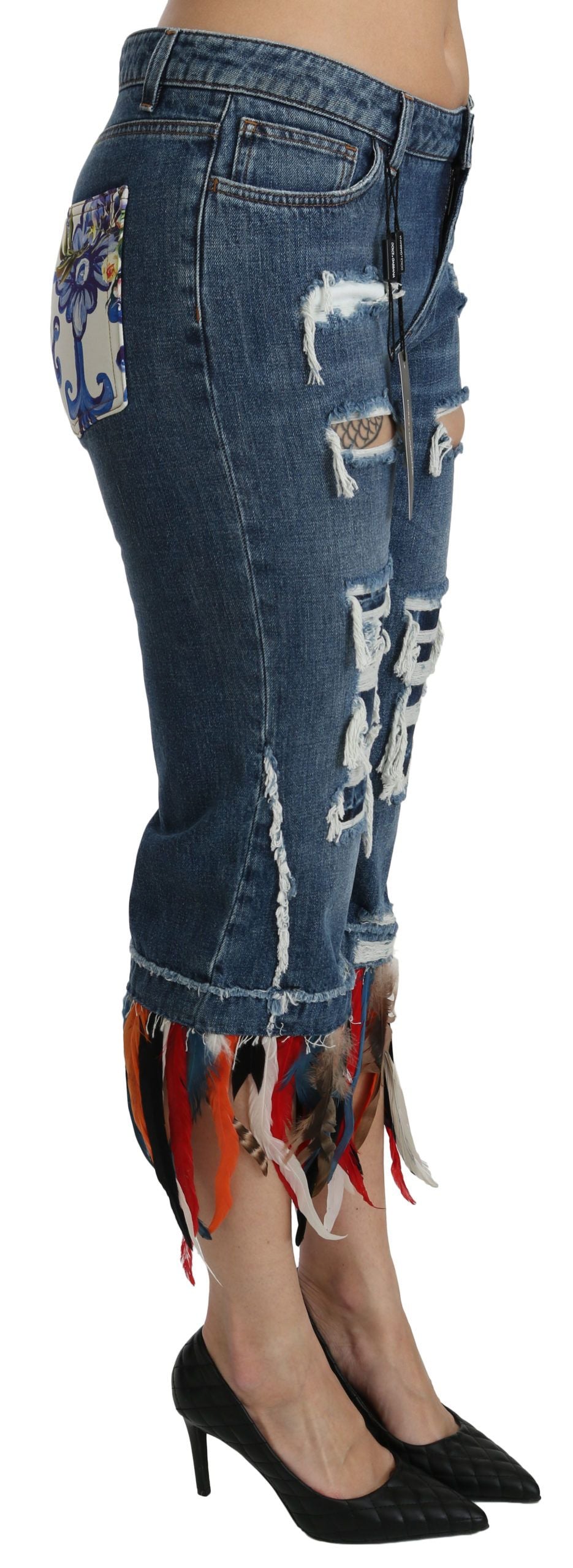 Dolce &amp; Gabbana Blaue, verkürzte Jeans aus Baumwolle mit niedriger Taille und Federn